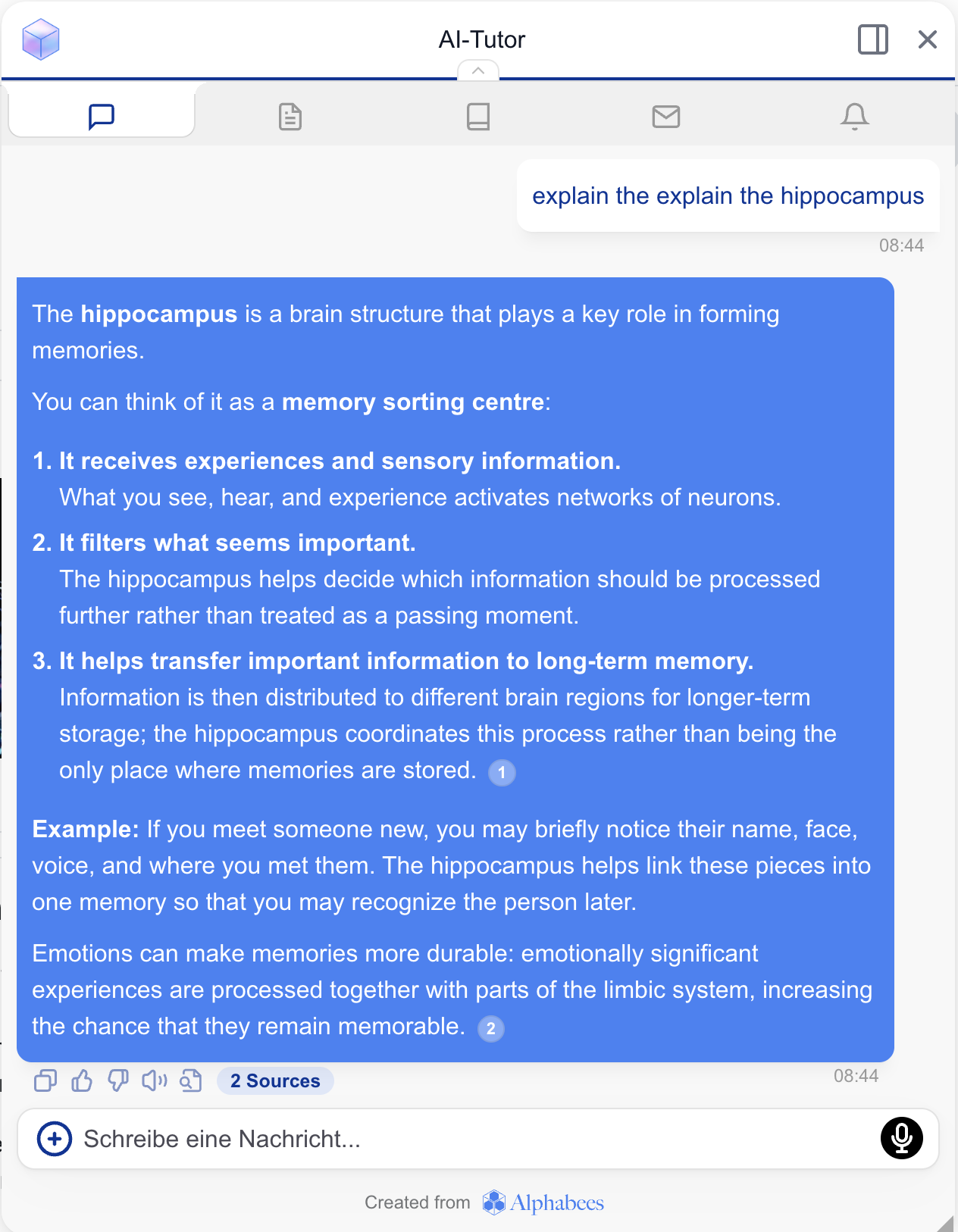 KI-Tutor-Chat im Deklarativen Modus: strukturierte Erklärung mit Einleitung, Hauptteil und Beispiel
